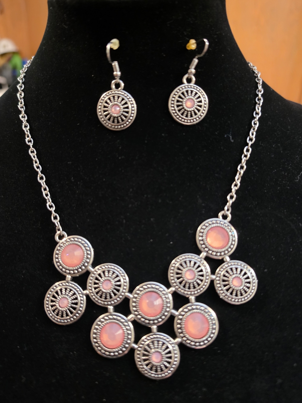 Silver-Tone Necklace & Earrings Set with Pink Cabochons
